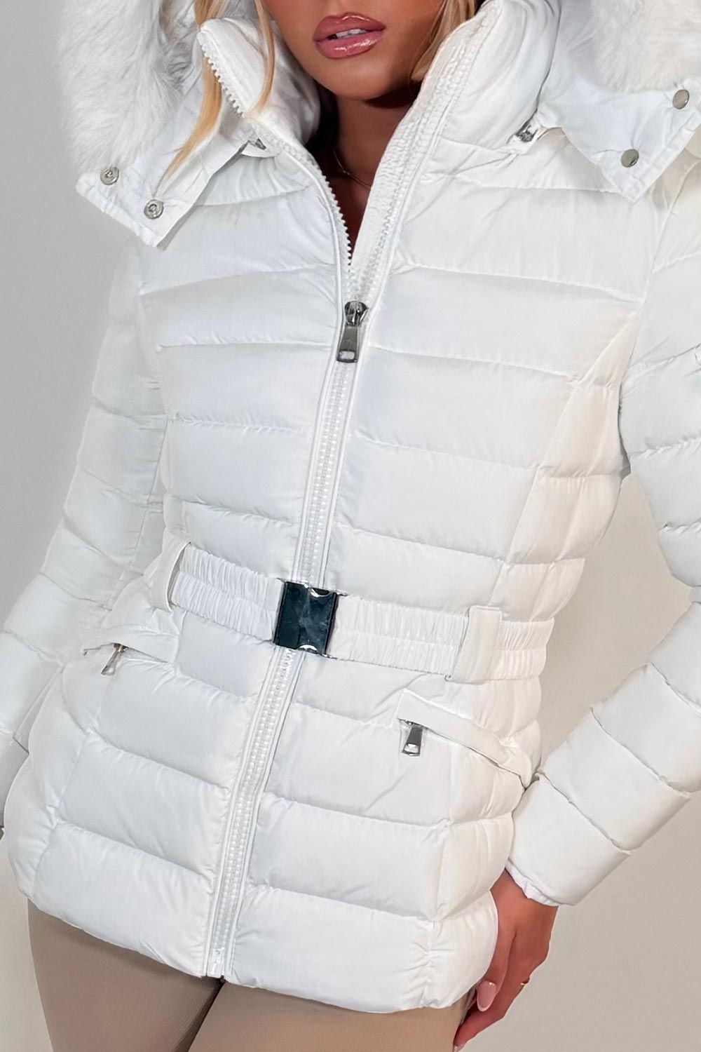 womens hooded puffer padded winter jacket with faux fur hood styledup uk