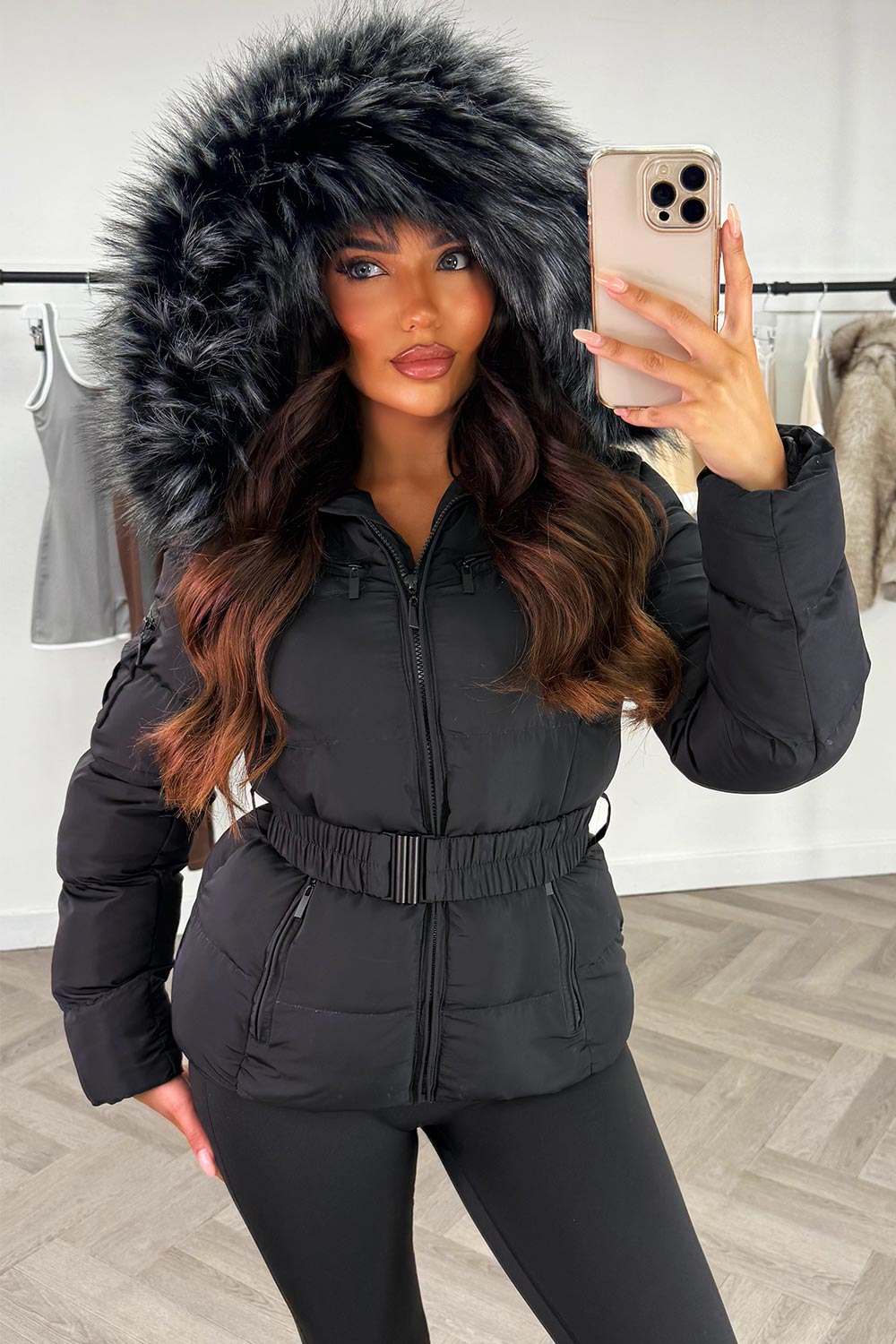 winter jacket with fur hood styled up
