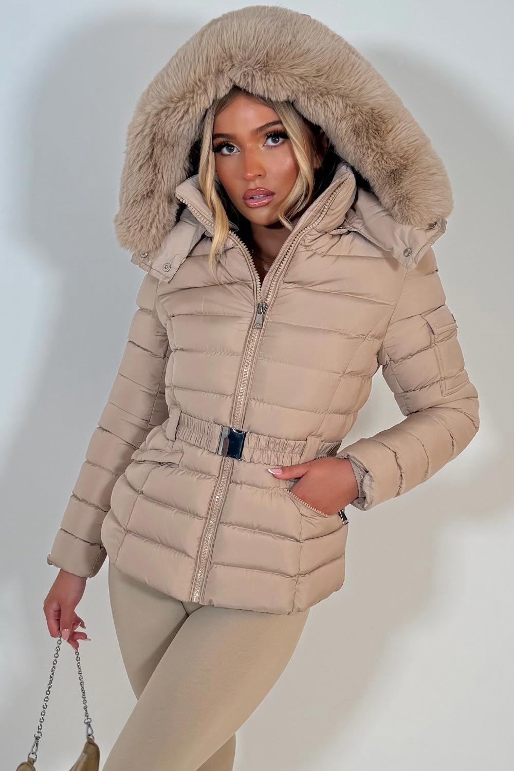 womens puffer padded thick winter jacket with faux fur hood styledup uk