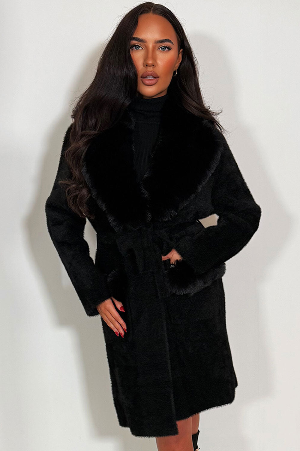 faux fur collar and cuff longline belted coat