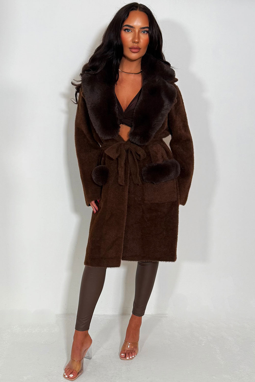faux fur collar and cuff longline belted coat