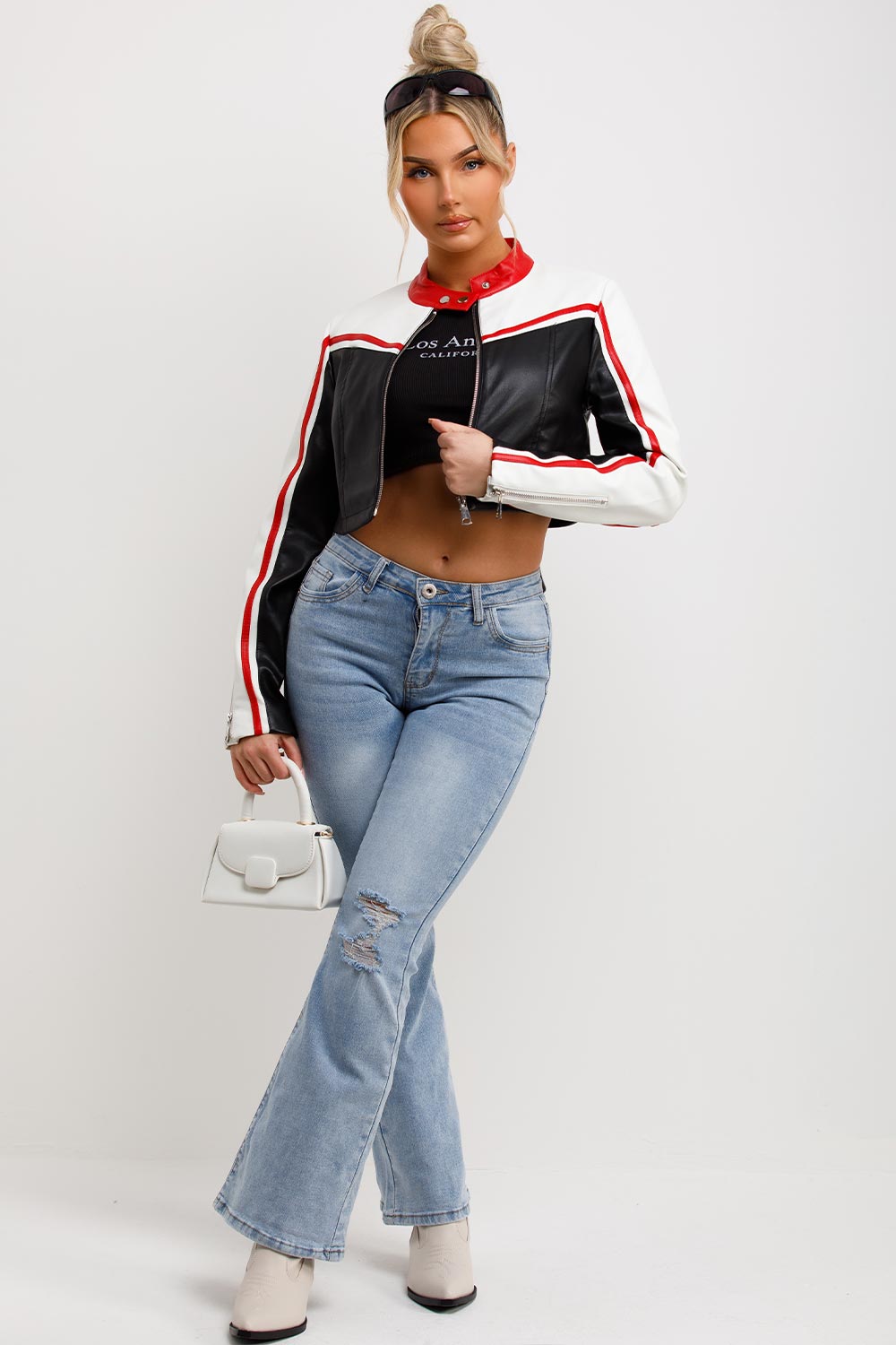 womens faux leather racer jacket black