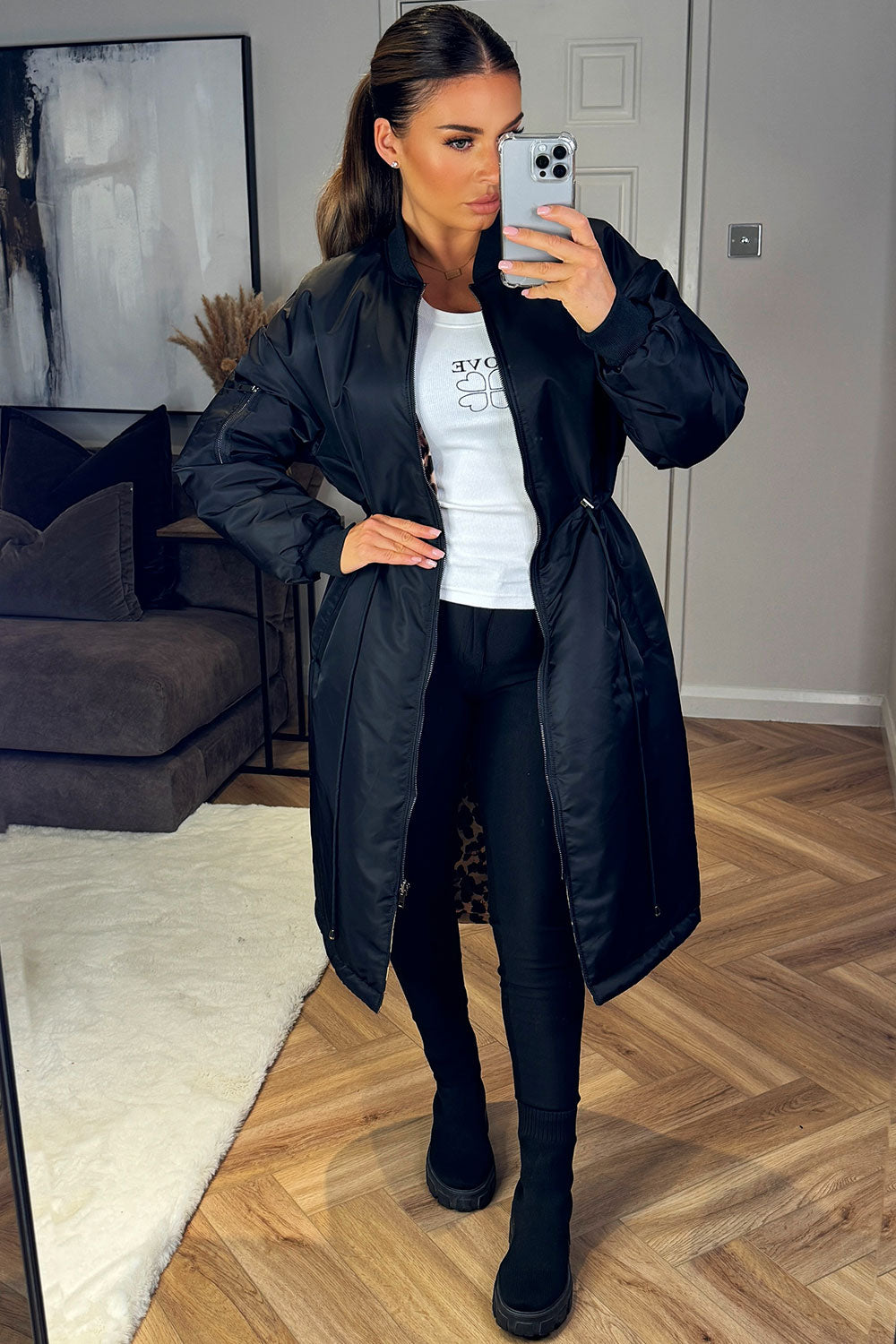 womens black longline leopard print reversible parka coat styledup