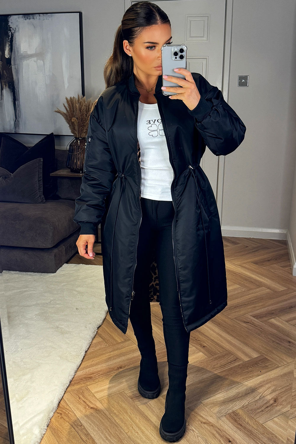 womens black longline reversible leopard print parka coat styledup