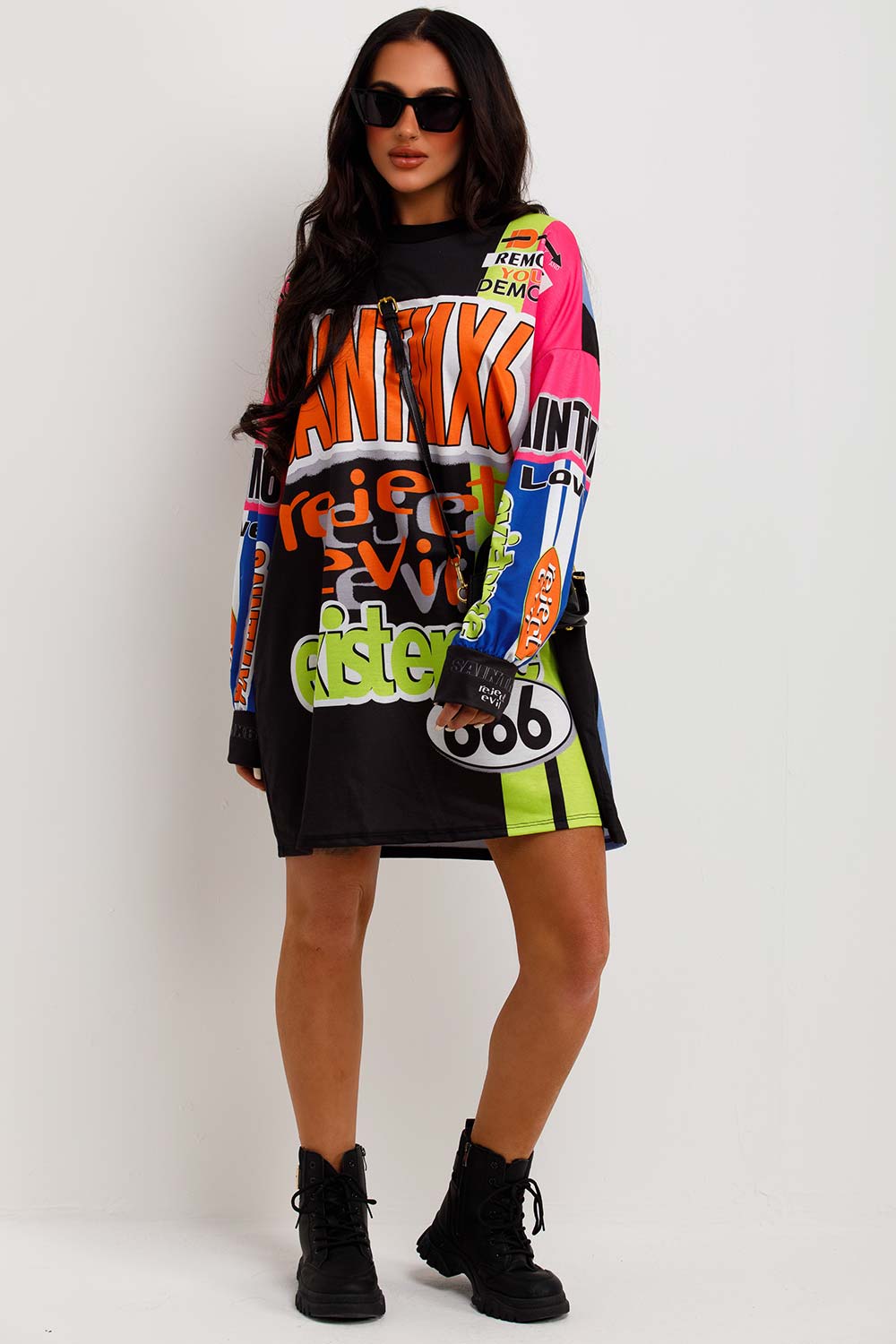 neon graphic t shirt dress with long sleeves