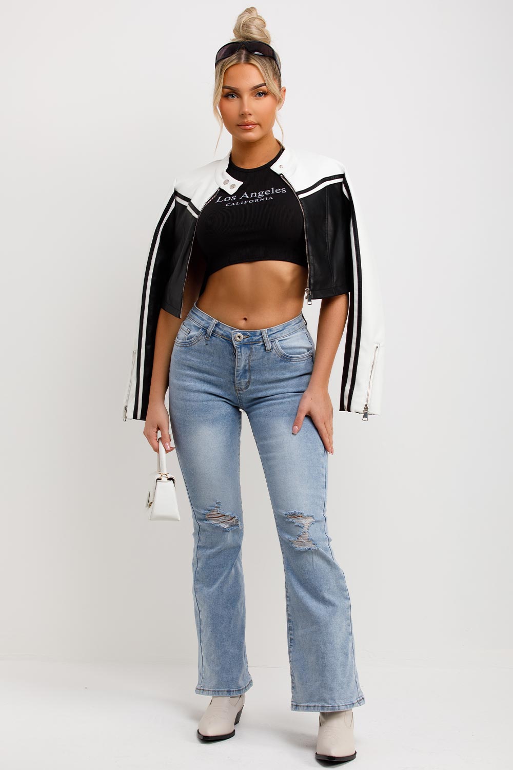 womens biker racer jacket black and white