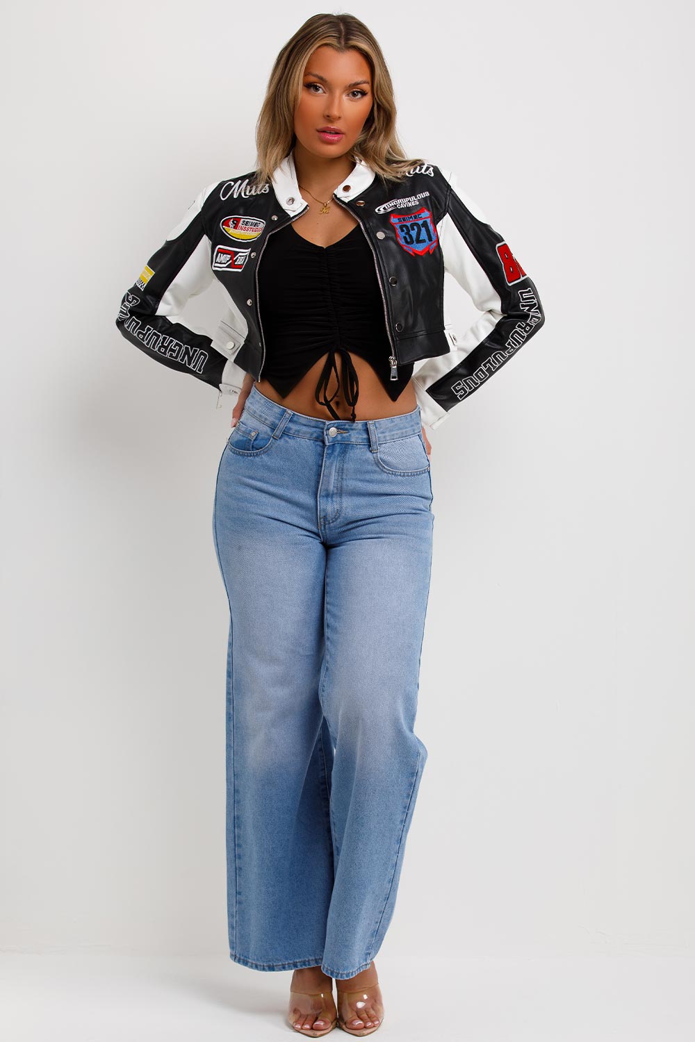 womens crop racer jacket motocross varsity