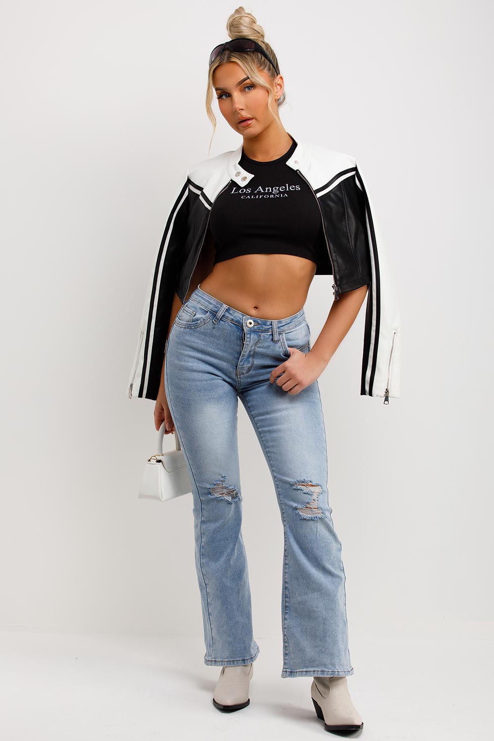 womens black and white racer biker jacket