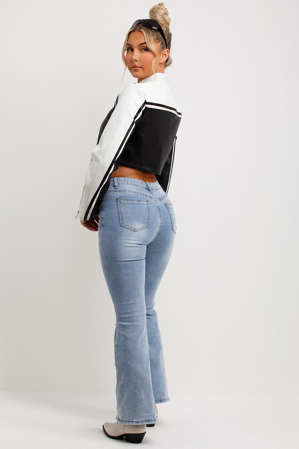 womens black and white faux leather racer biker jacket