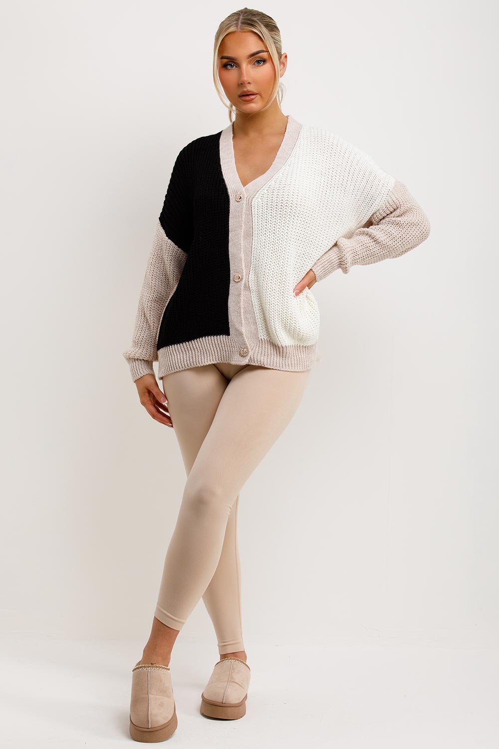 chunky knit two tone knitted cardigan womens