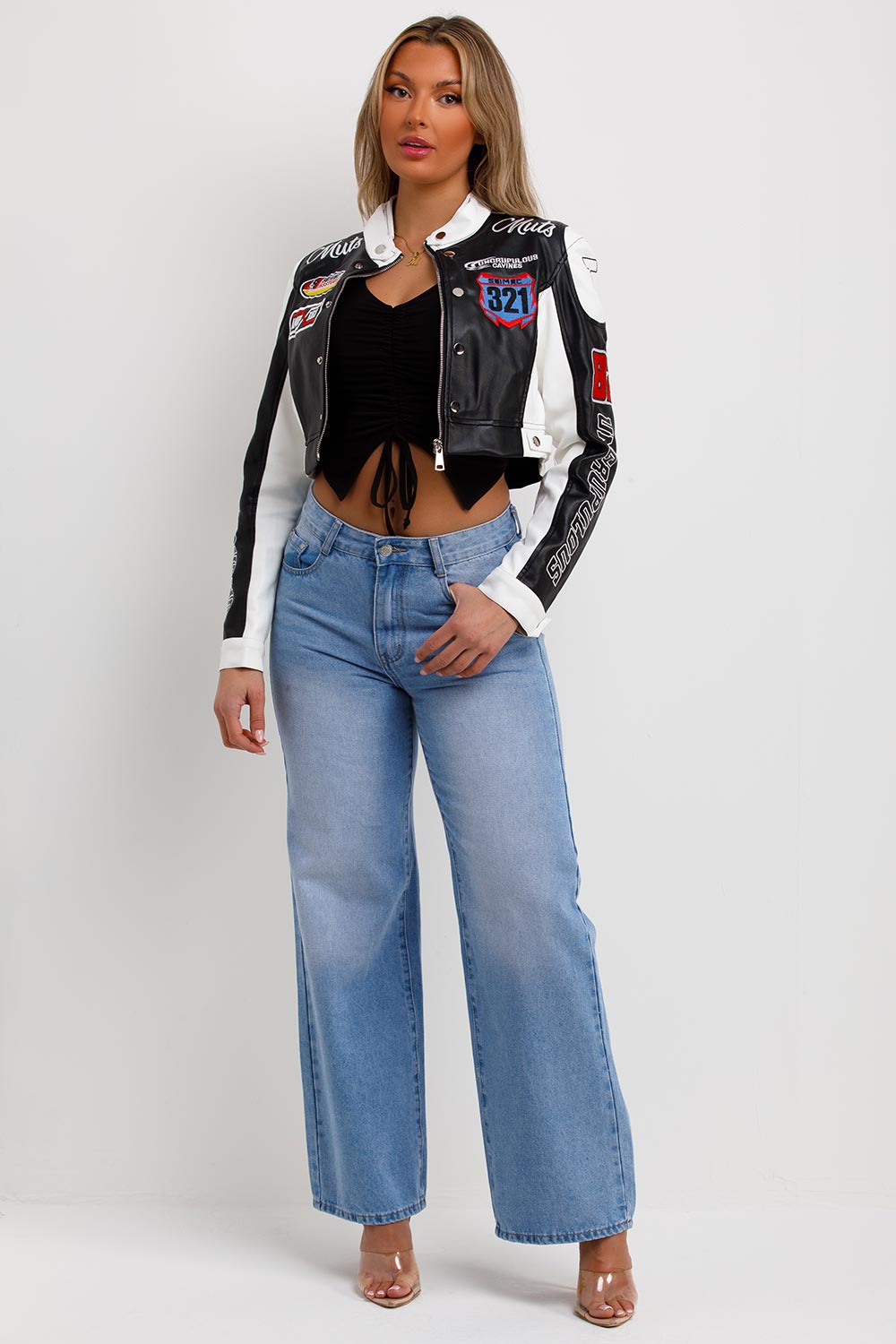 womens faux leather motocross racer varsity jacket cropped