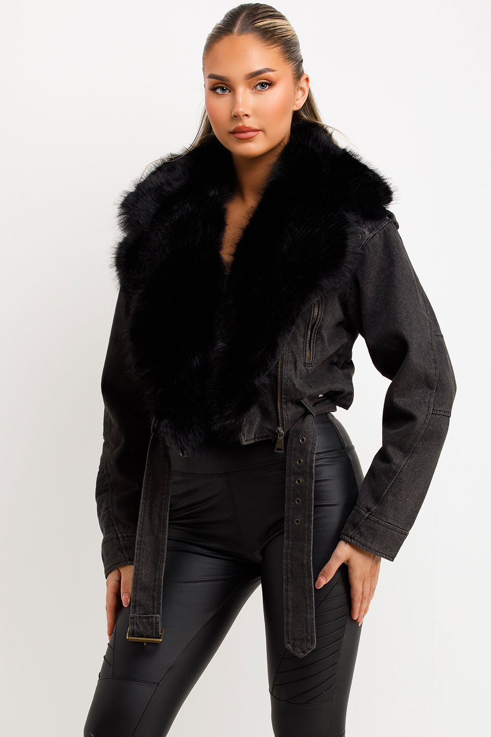 denim aviator jacket with faux fur collar styledup
