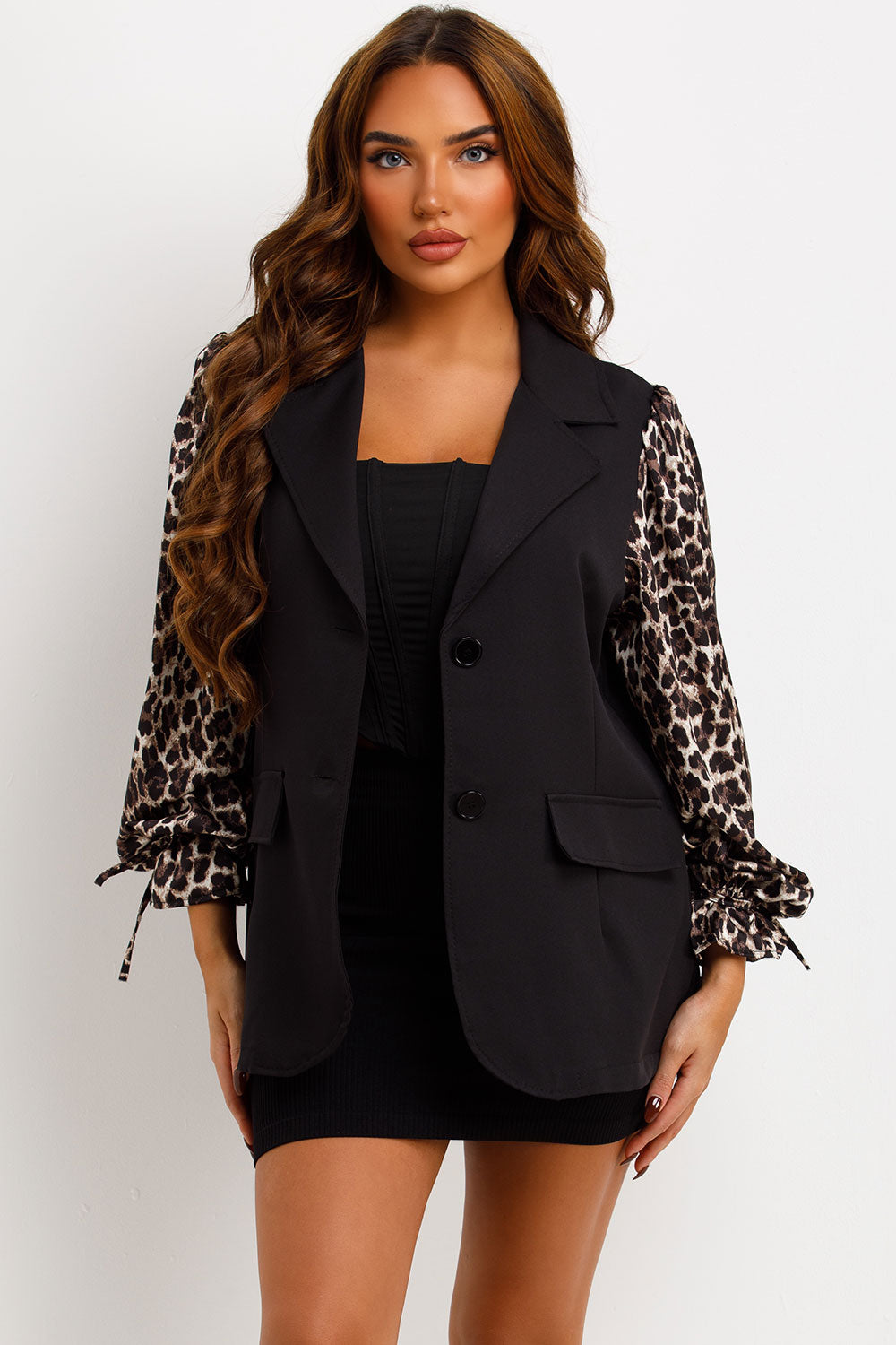 blazer with leopard print sleeves for womens