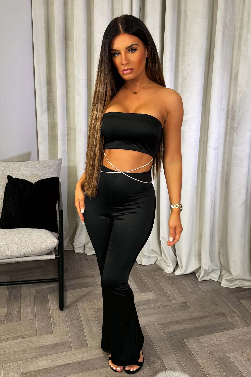 womens black satin jumpsuit with diamante trim