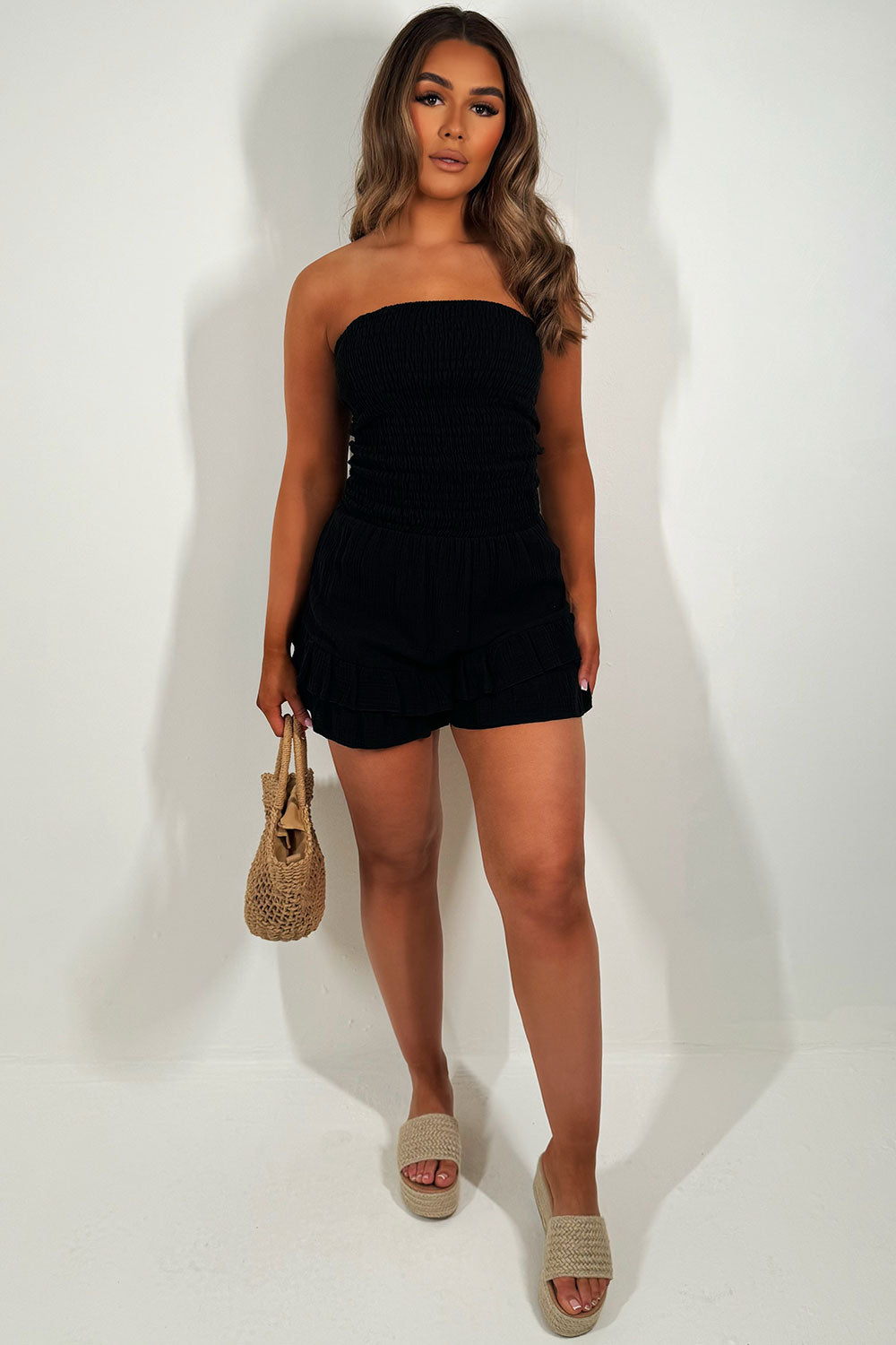 black shirred bandeau frilly ruffle playsuit