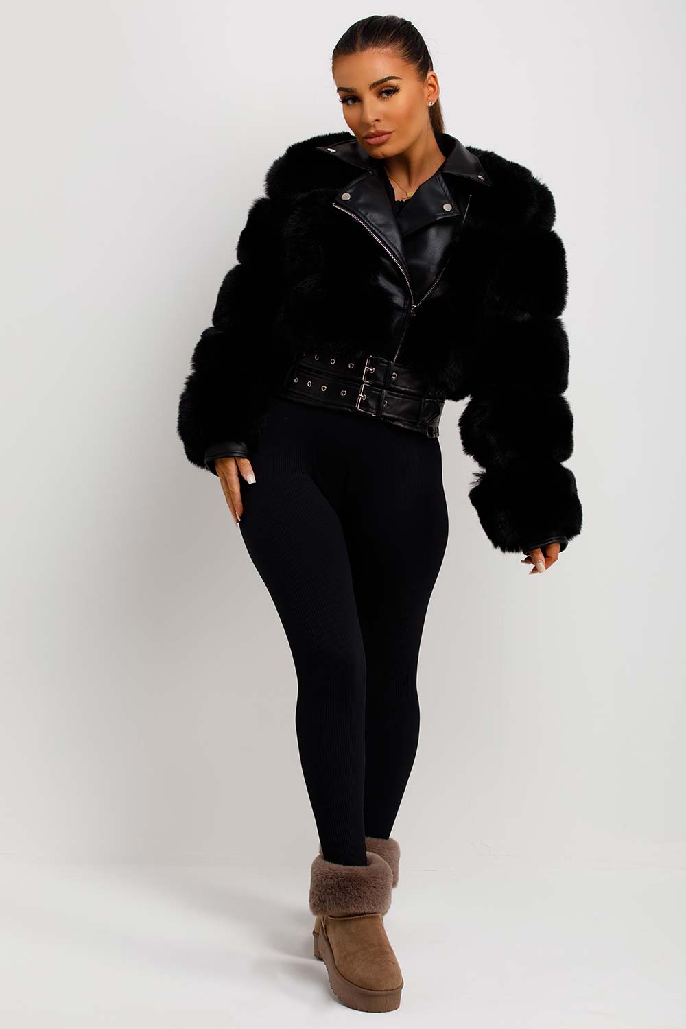 womens faux leather aviator jacket with faux fur double belt black