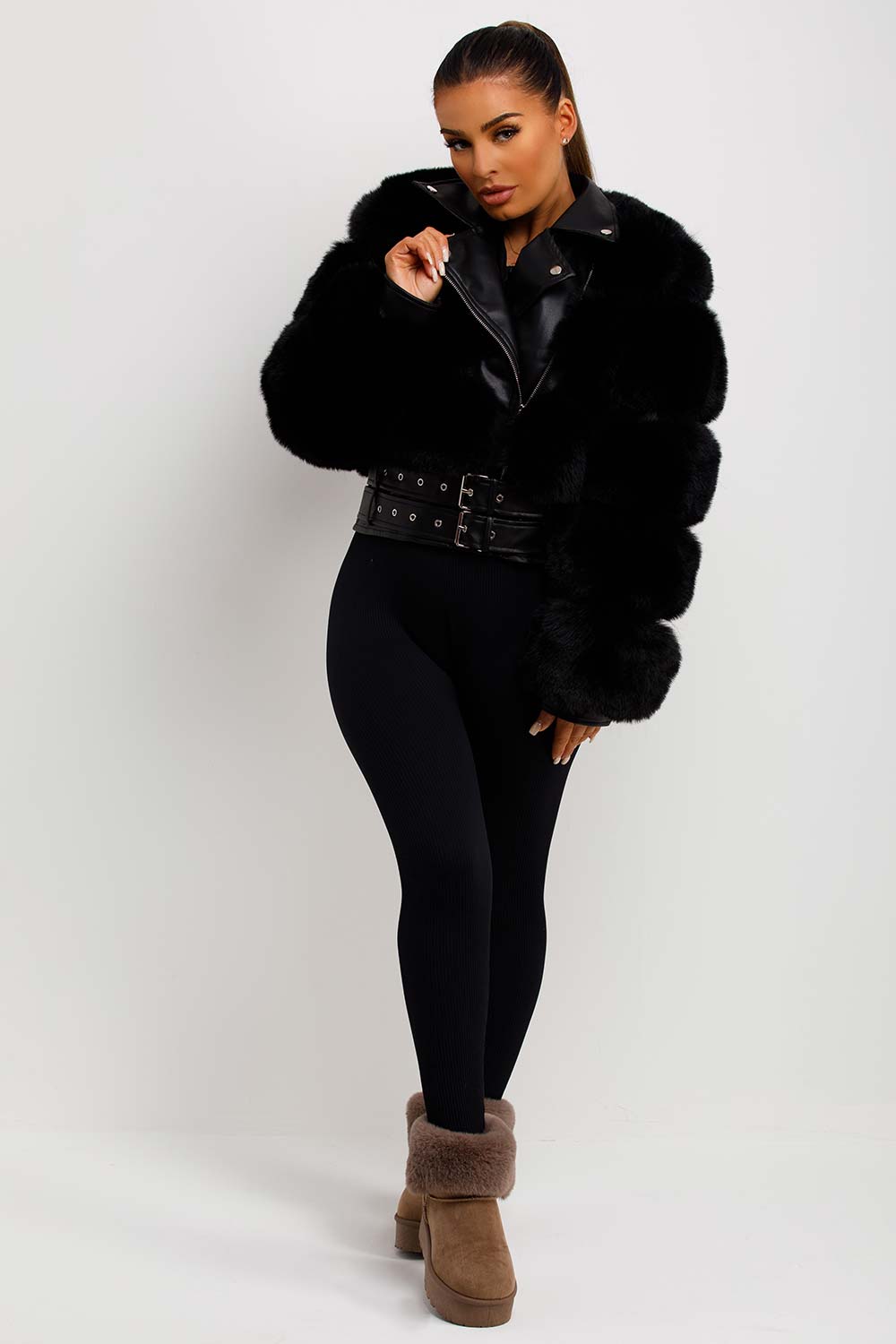 faux fur faux leather aviator jacket womens