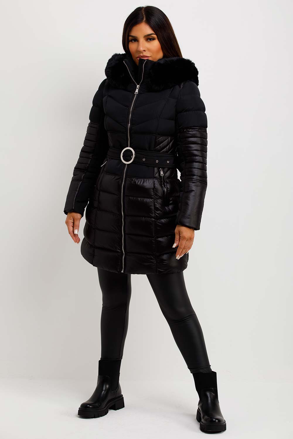womens shiny puffer padded coat with fur hood and belt