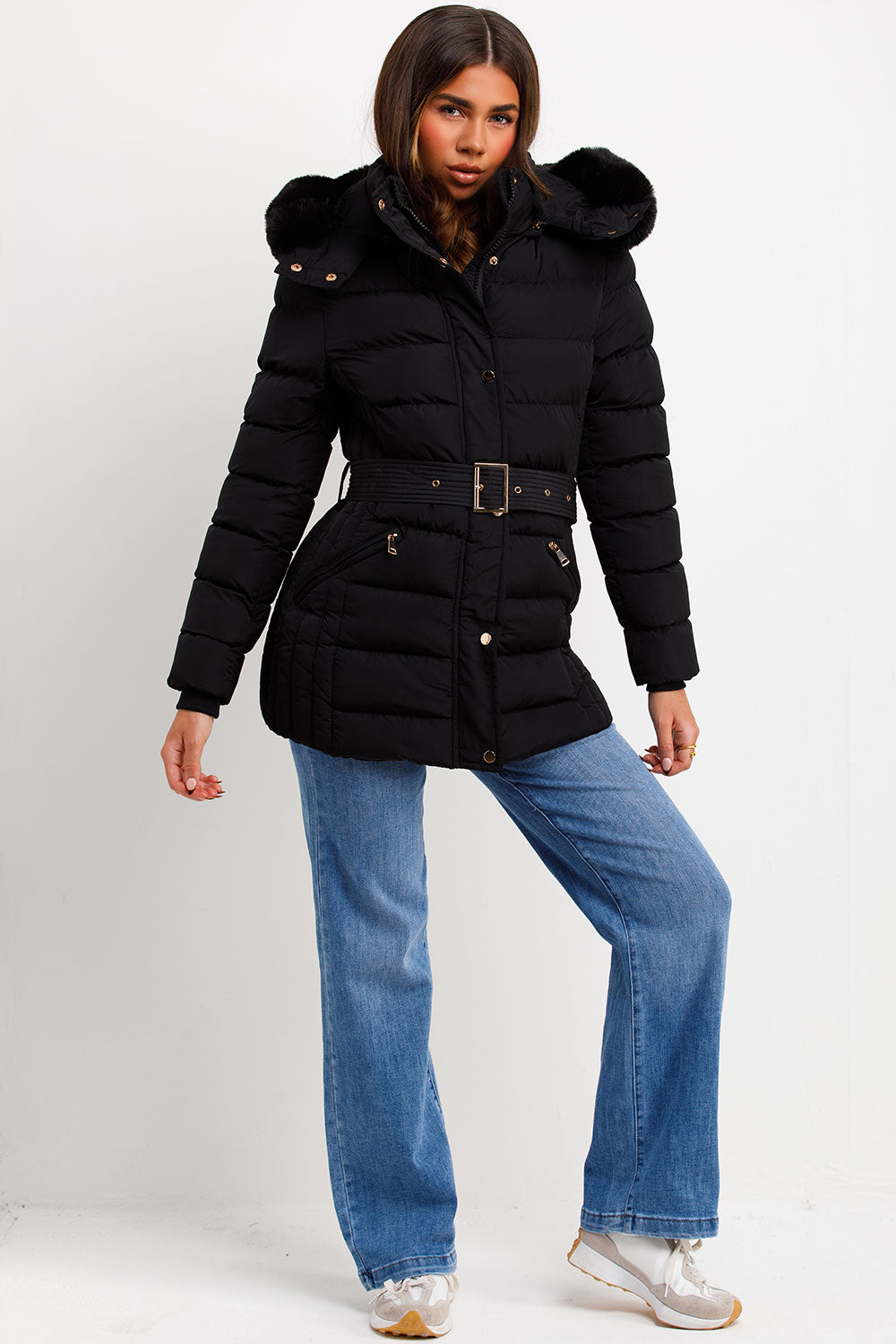 womens black winter coat with fur hood and belt