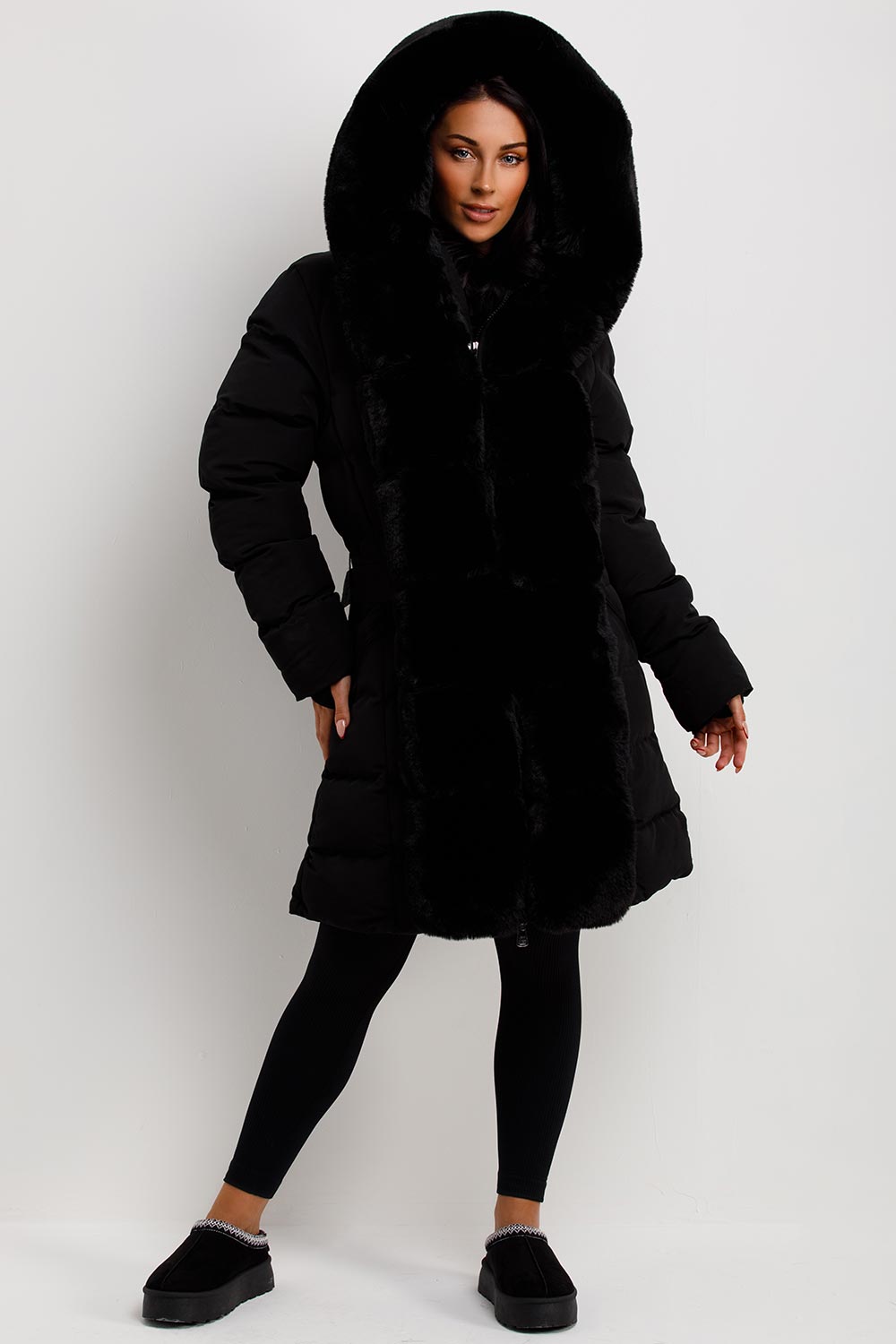 faux fur hood and trim longline coat