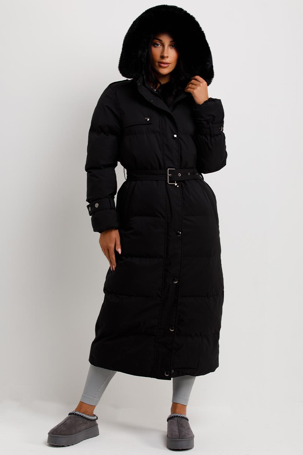 fur hood long padded puffer coat womens
