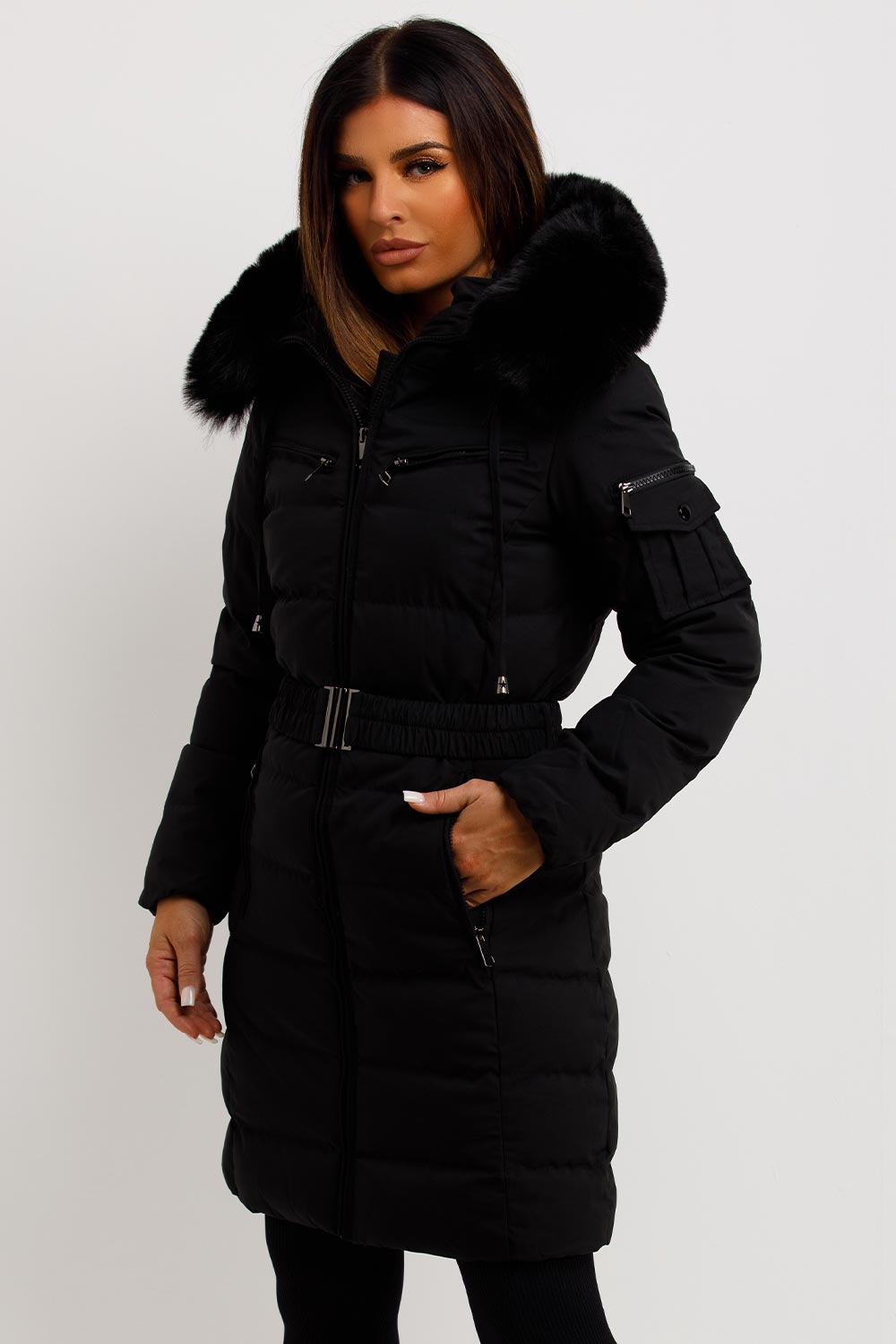 womens longline padded puffer coat with fur hood