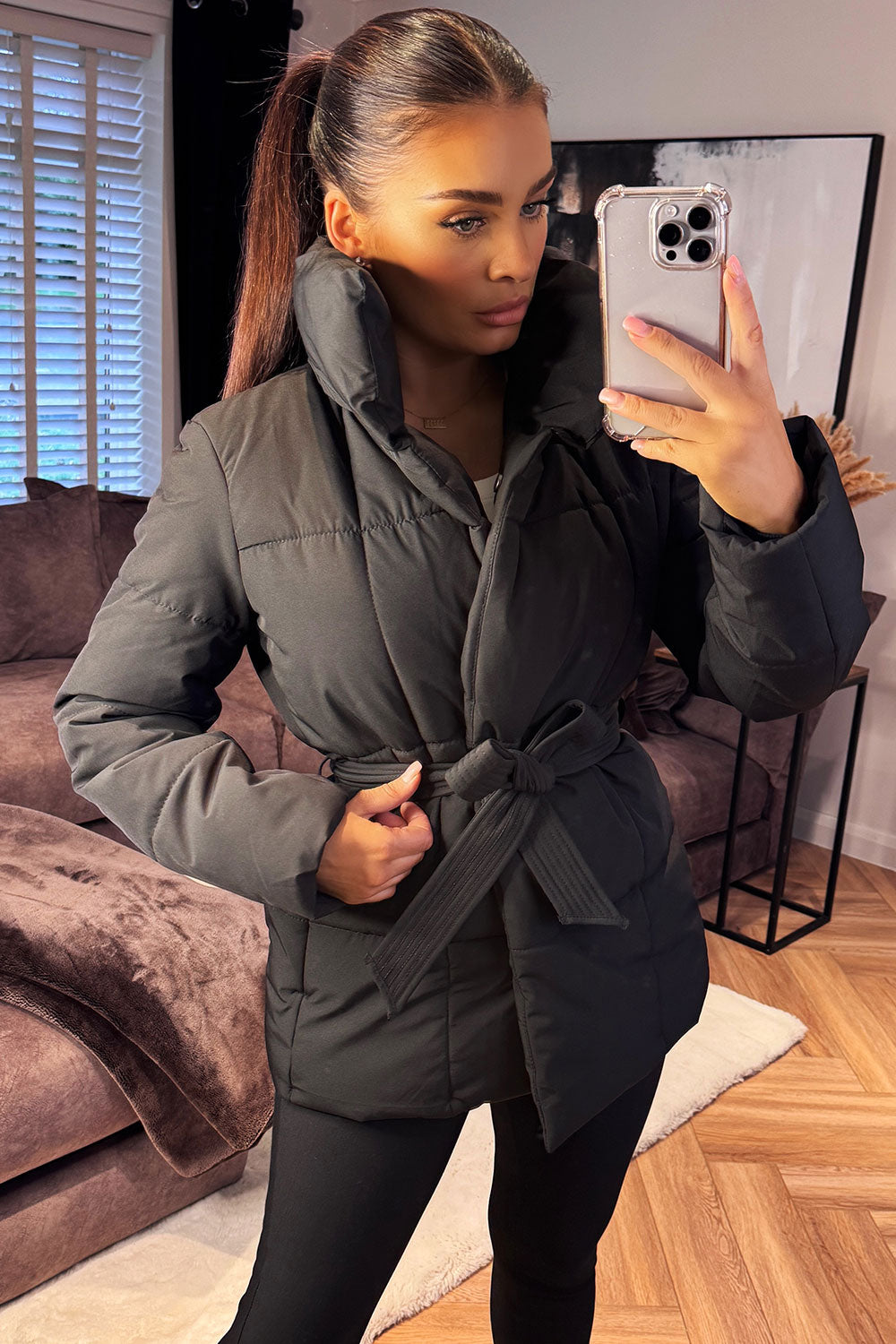 womens padded puffer duvet jacket with belt