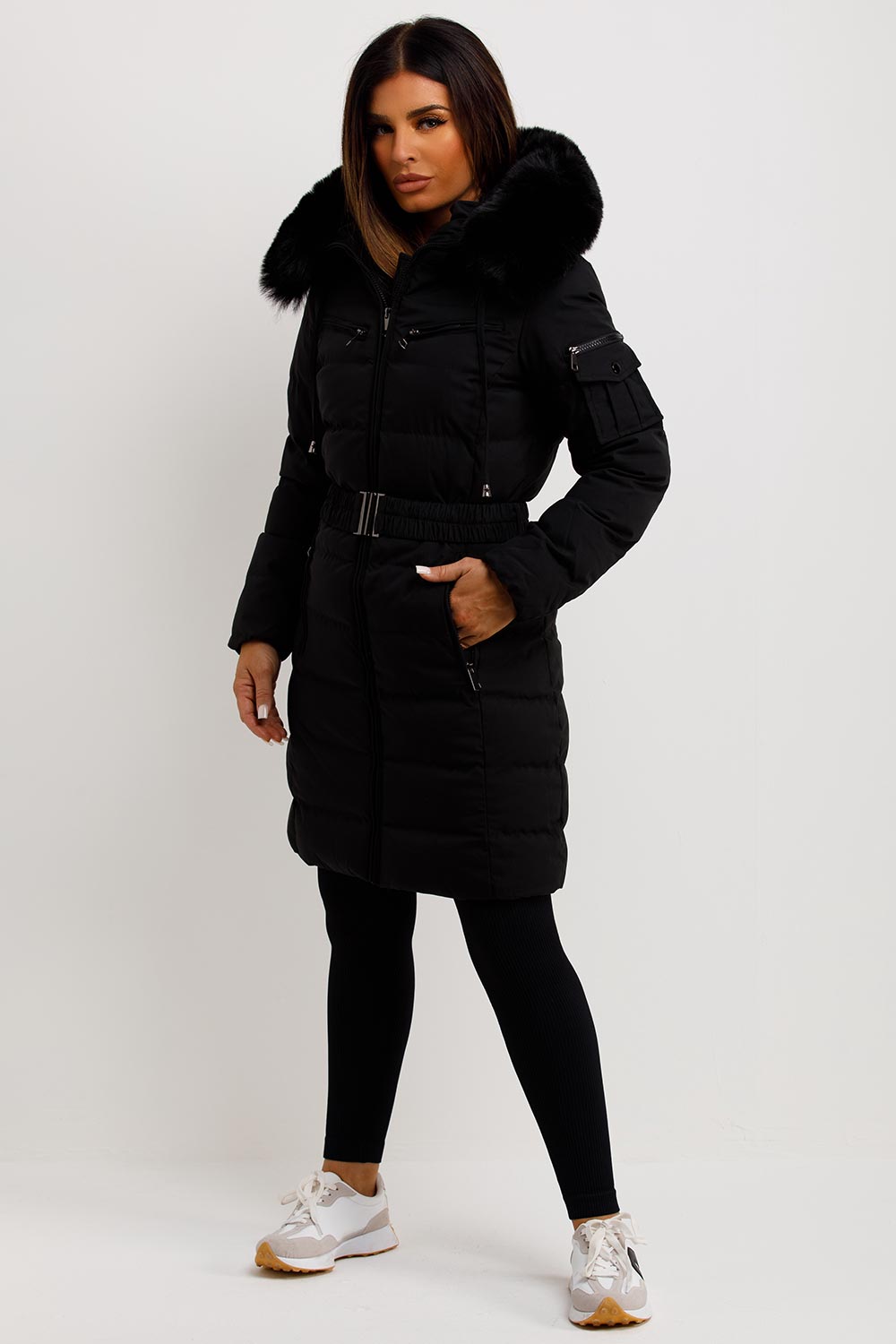 womens puffer padded longline coat with fur hood