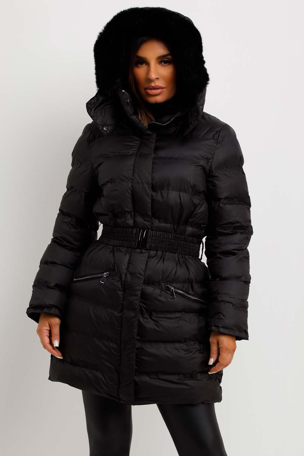 womens puffer padded coat with fur hood and belt