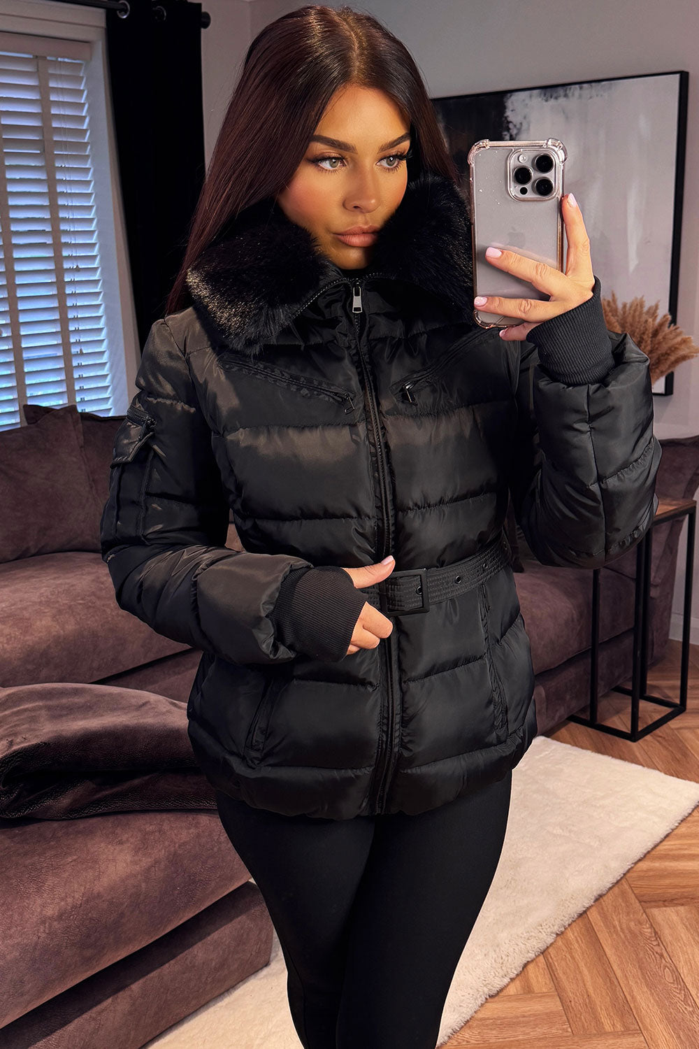 womens faux fur hood puffer jacket with belt styledup