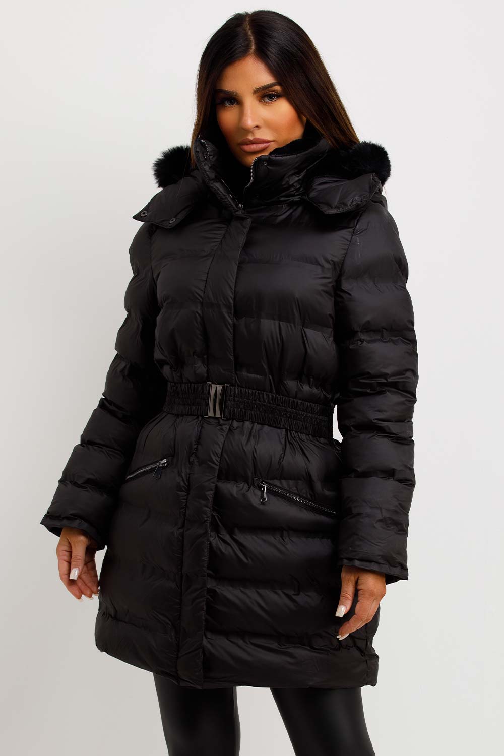 womens black puffer padded coat with fur hood and belt