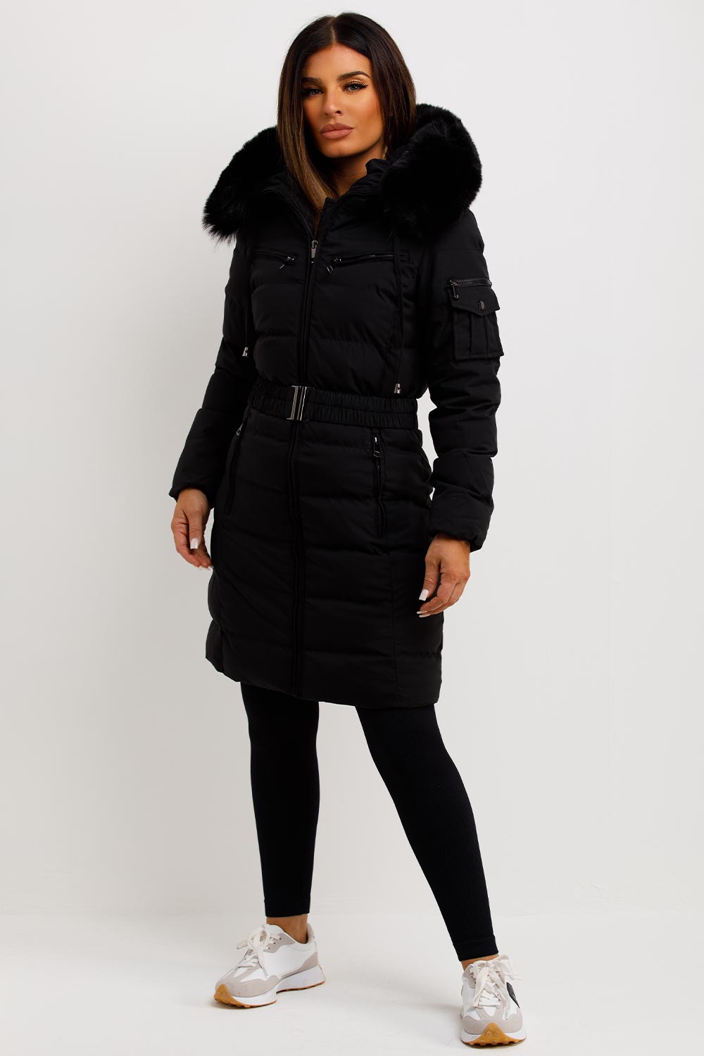 womens long black puffer jacket with fur hood and belt