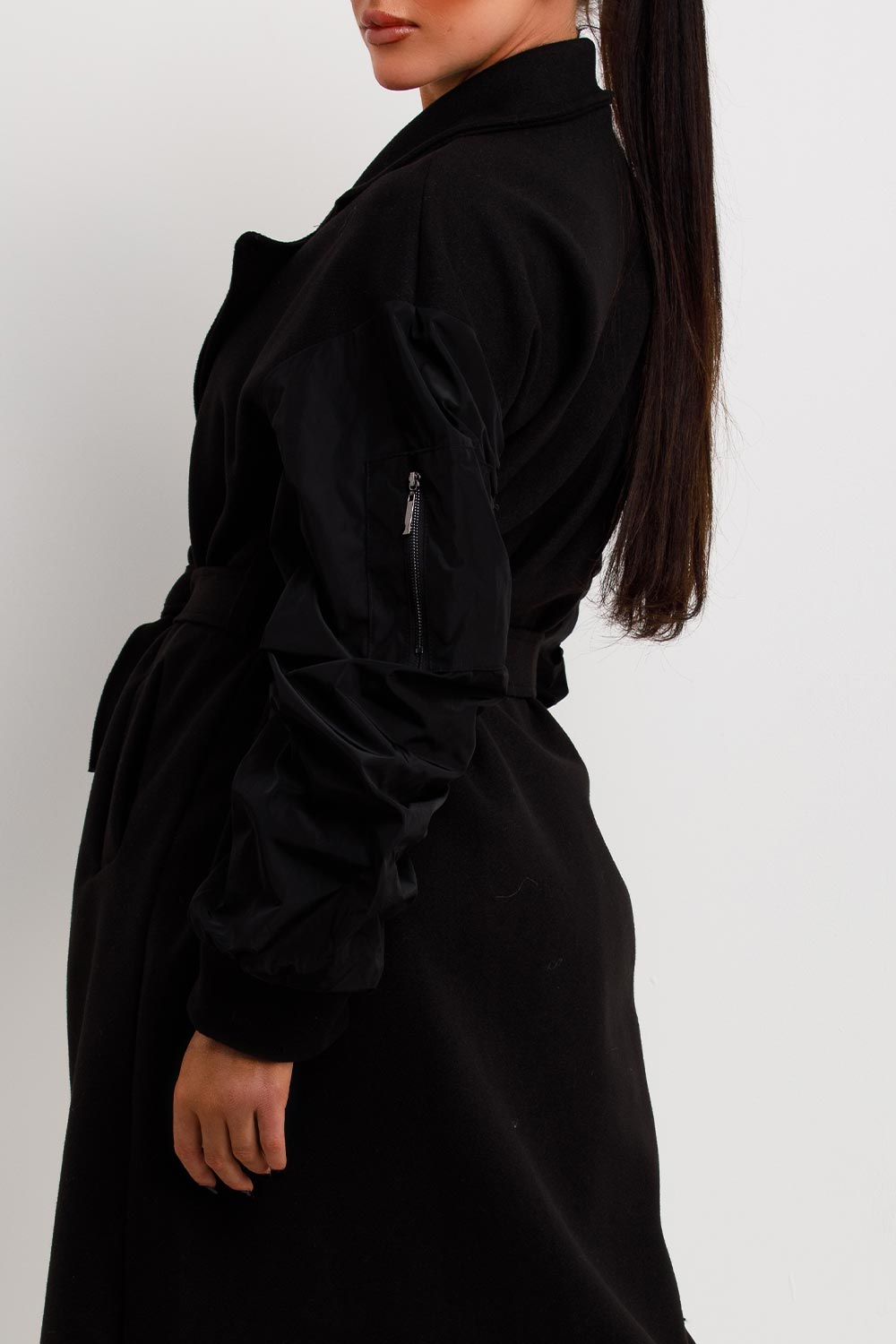 womens long wrap coat with satin ruched sleeves belted