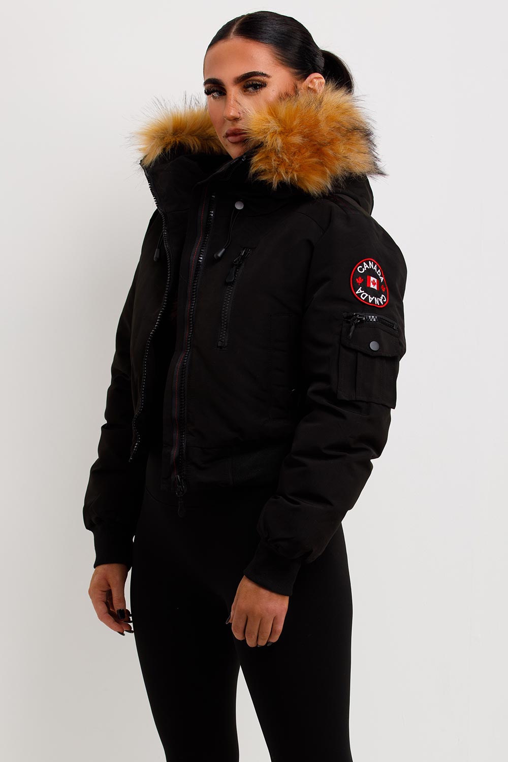 canada goose inspired bomber jacket with fur hood