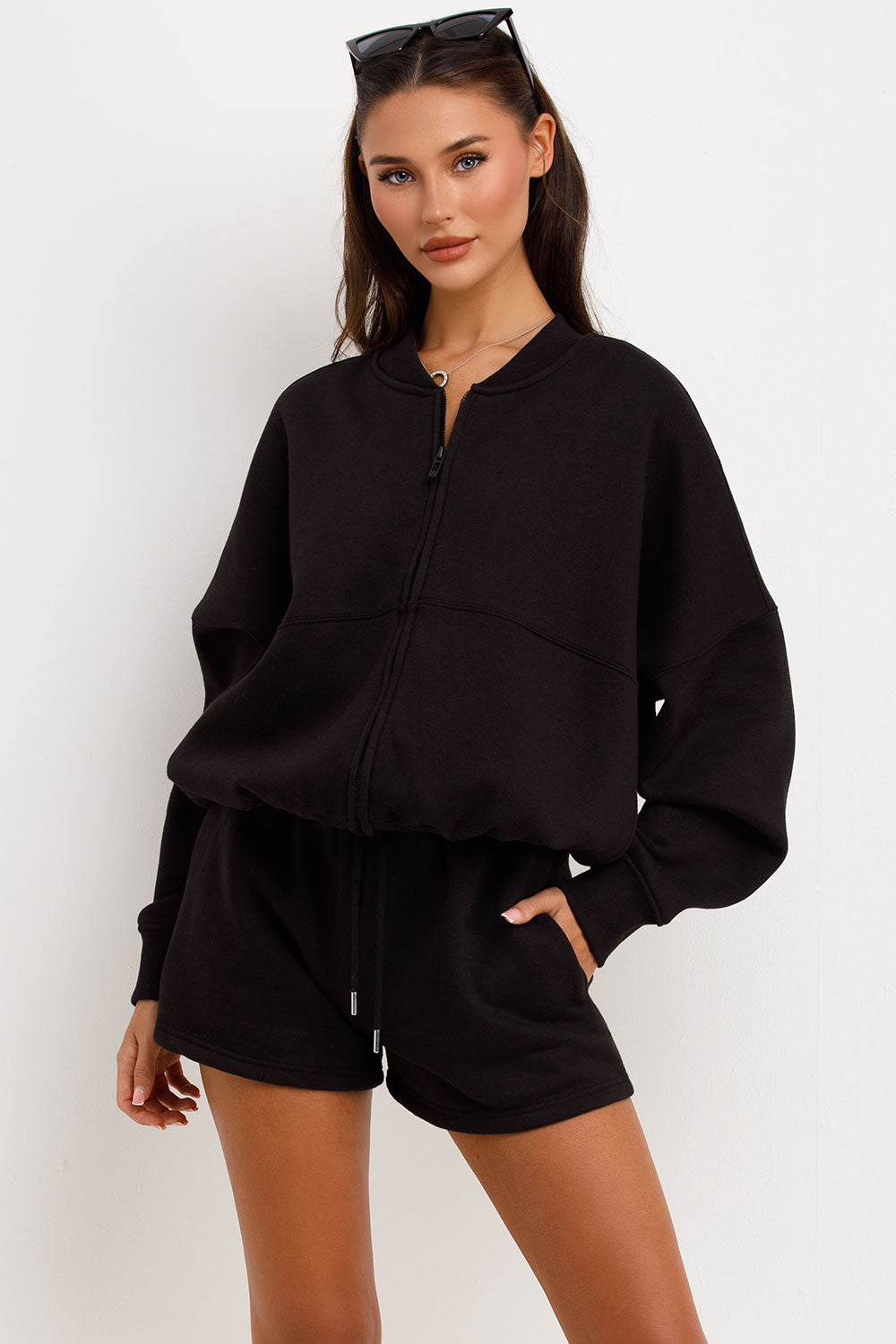 womens zip up bomber jacket and short tracksuit summer lounge set airport outfit