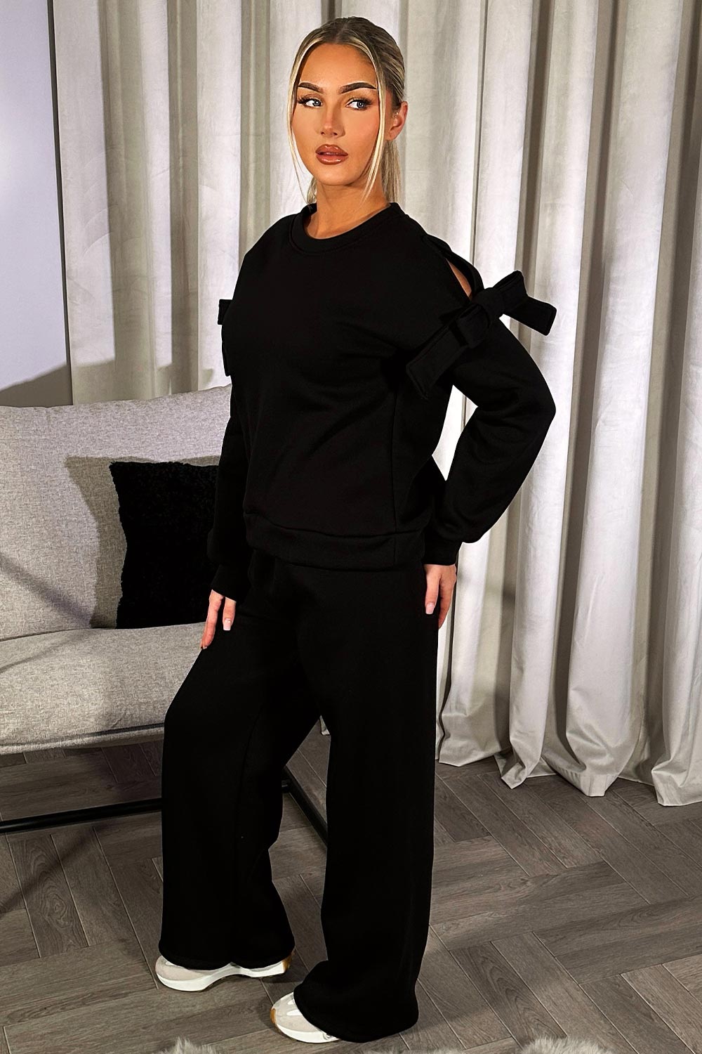 womens black straight leg joggers and sweatshirt loungewear co ord set
