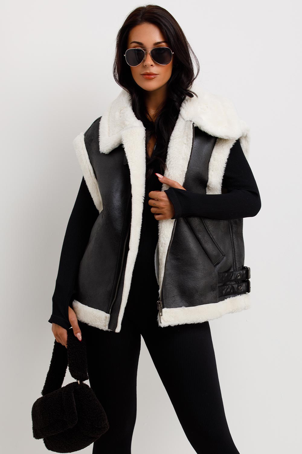 womens aviator gilet faux shearling faux leather uk