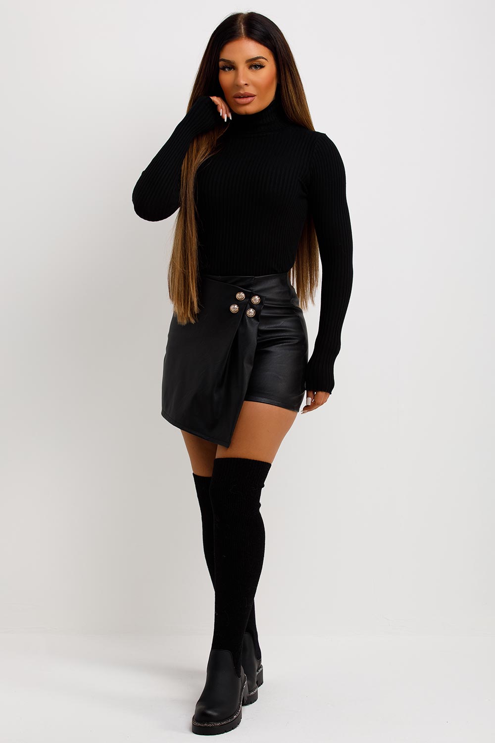 womens faux leather gold button shorts with wrap over detail