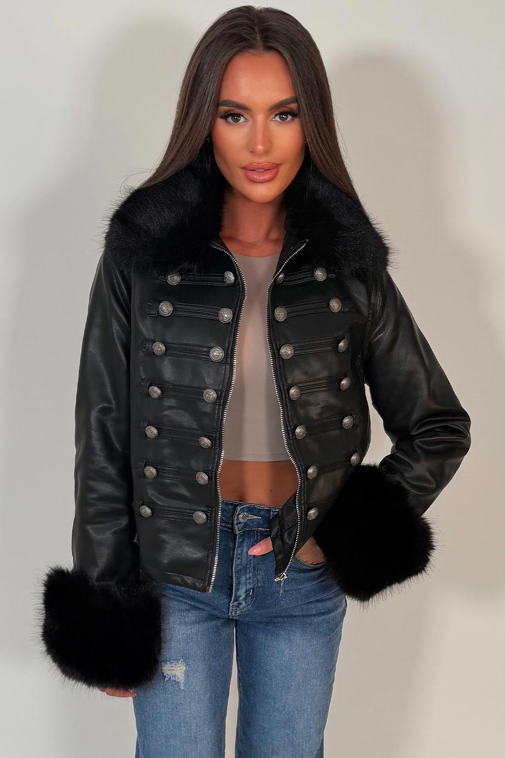 zara womens faux fur collar cuff faux leather military jacket uk