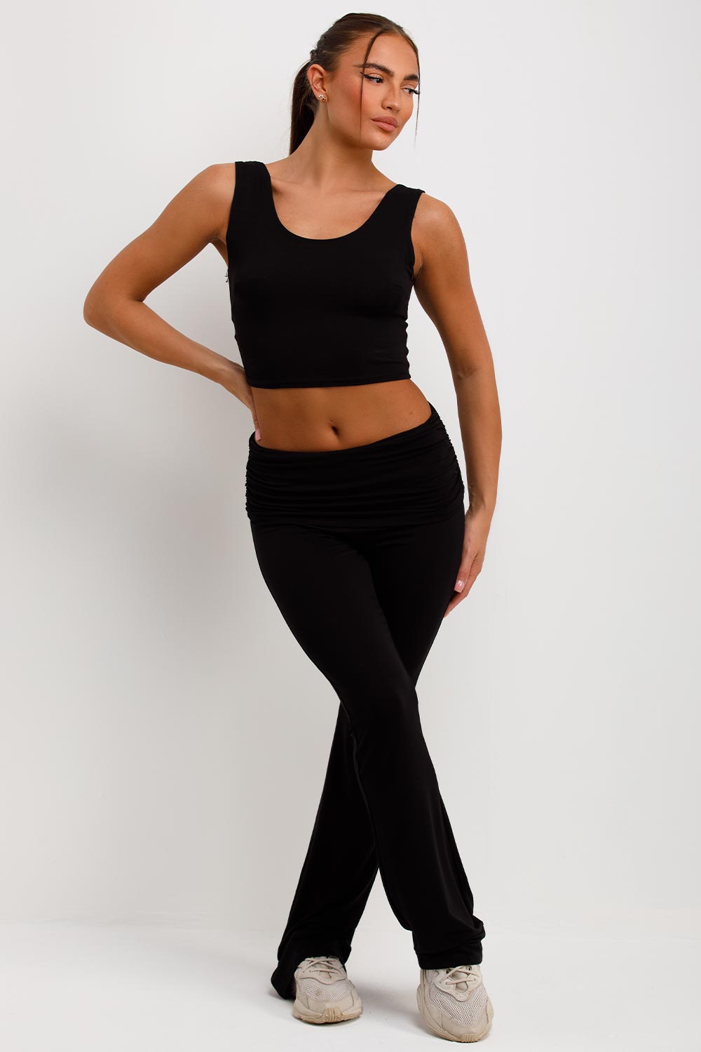 fold detail flare trousers top and ruched sleeve cardigan three piece set