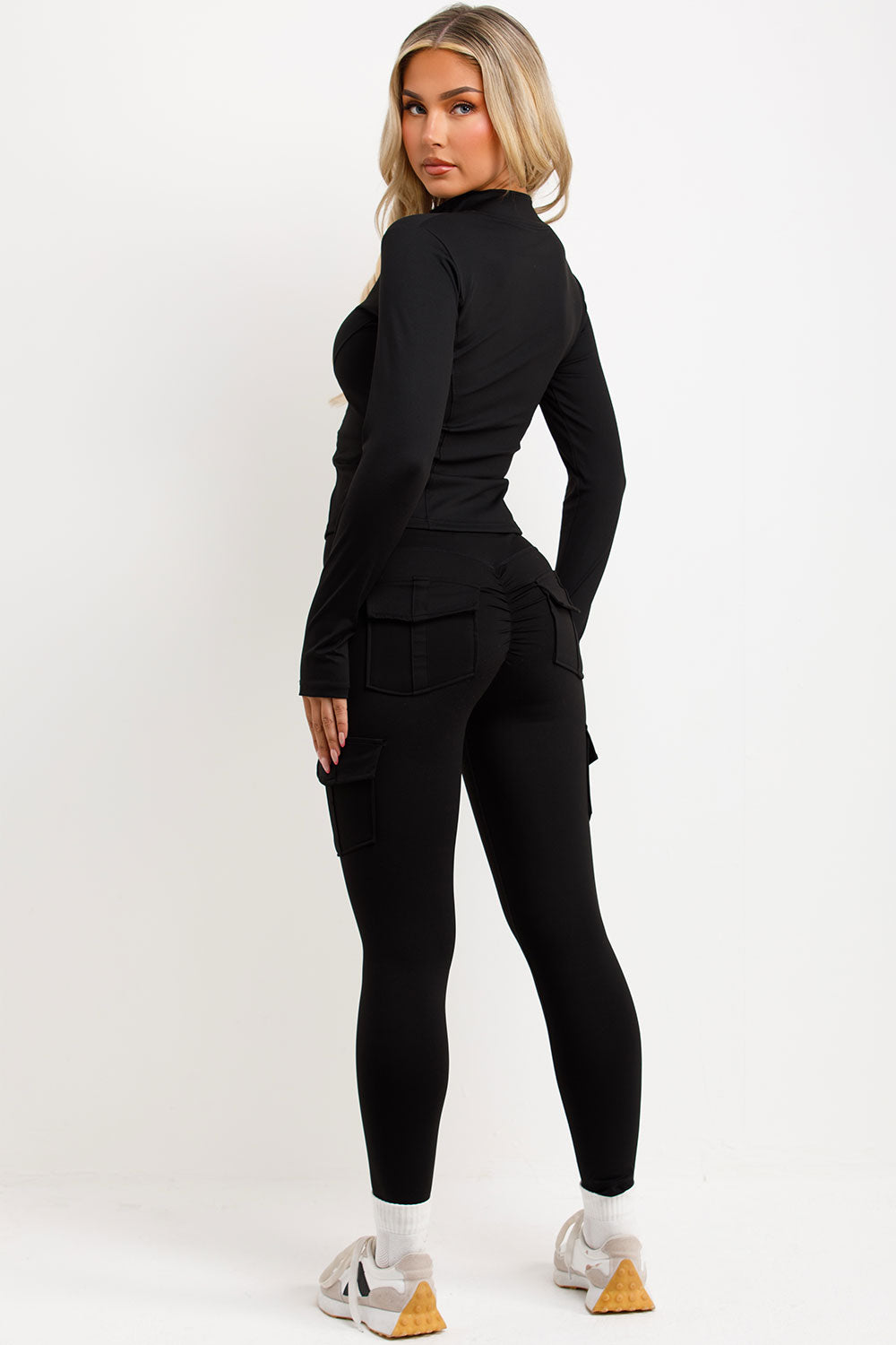 zip up sports jacket and leggings two piece co ord set black