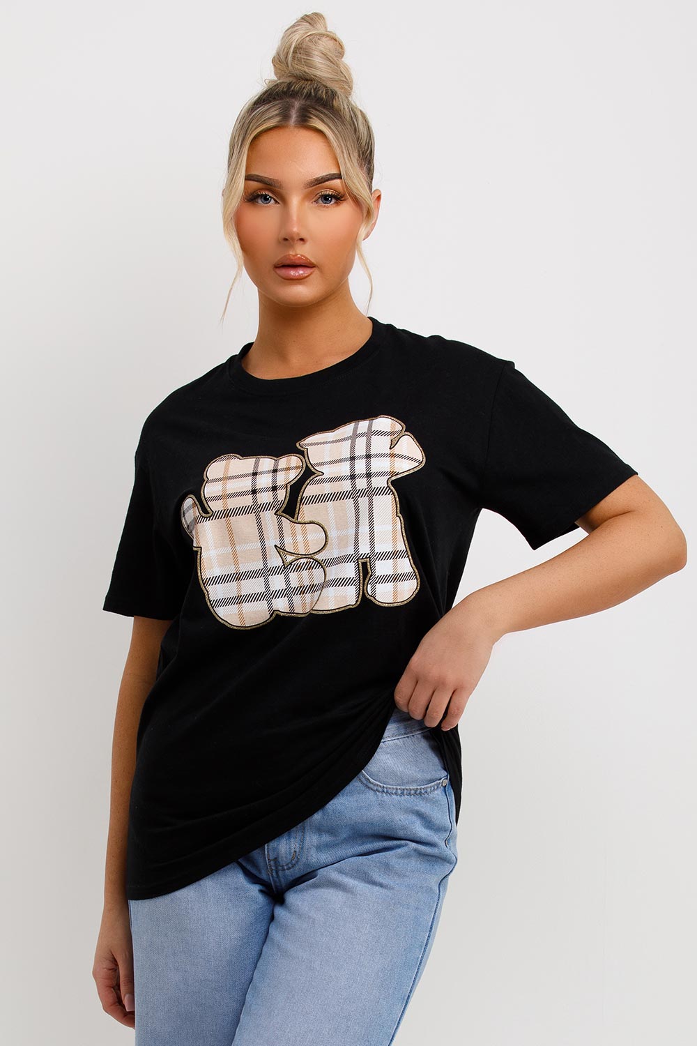 womens teddy bear print black t shirt