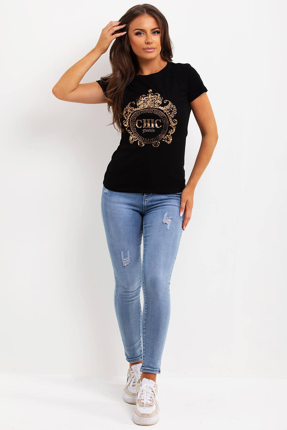 black t shirt with gold sequin chic paris embellishment