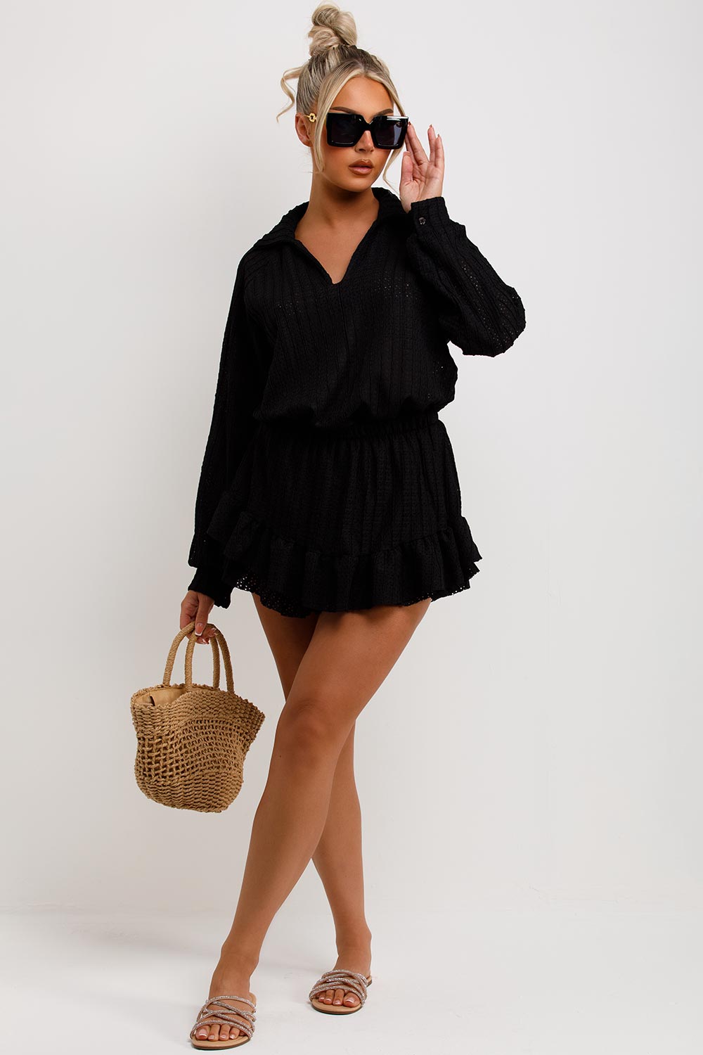 womens collared blouse and frilly shorts two piece set summer holiday outfit