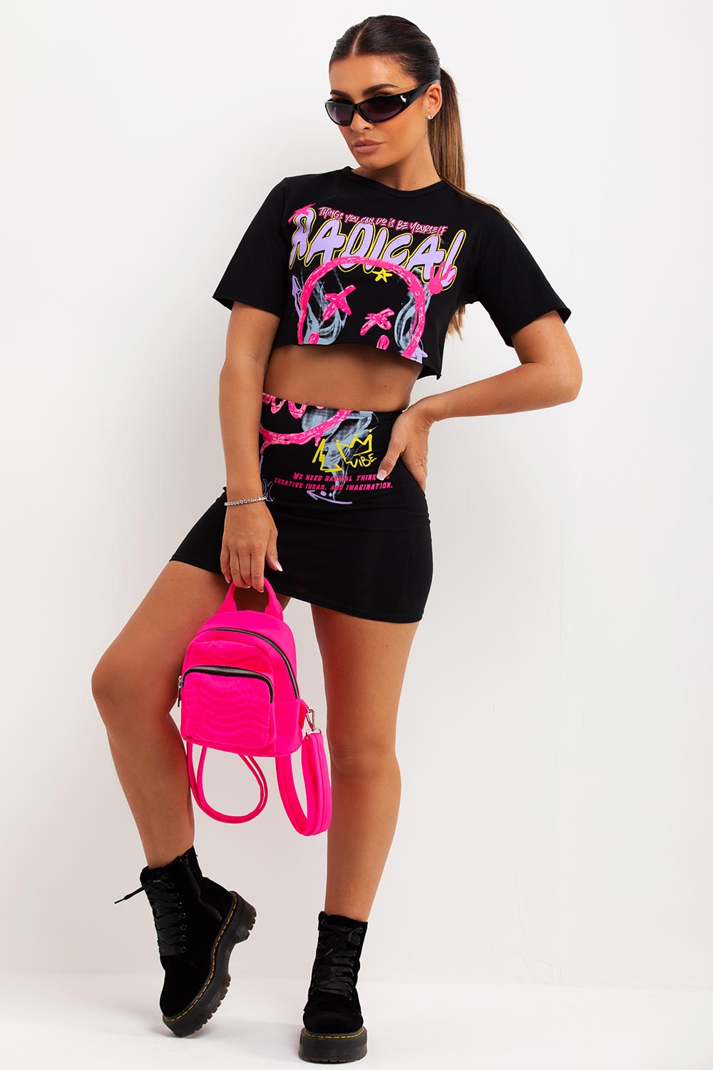 womens crop t shirt and mini bodycon skirt festival co ord rave outfit