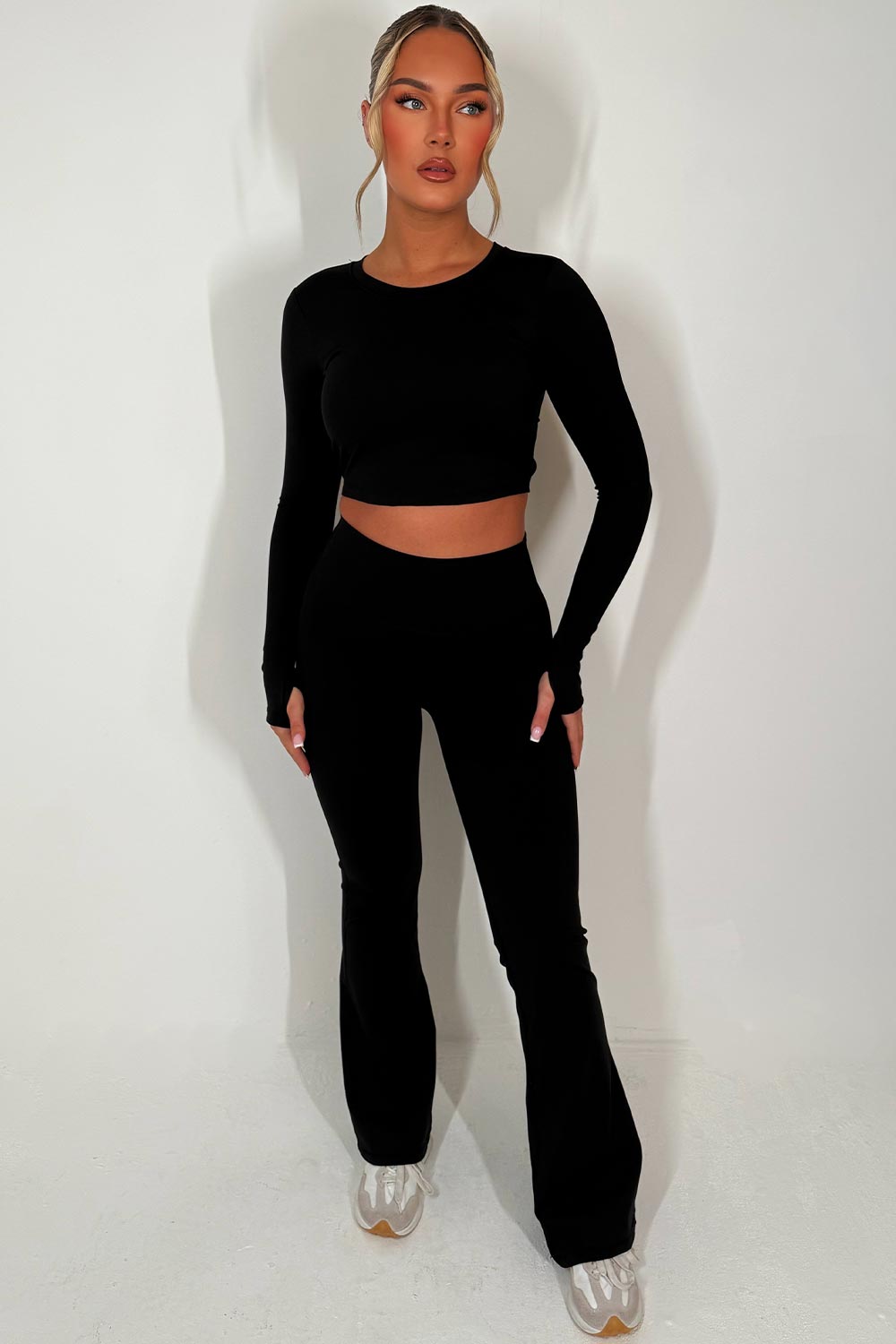 backless sports top and scrunch bum skinny flare trousers two piece set black
