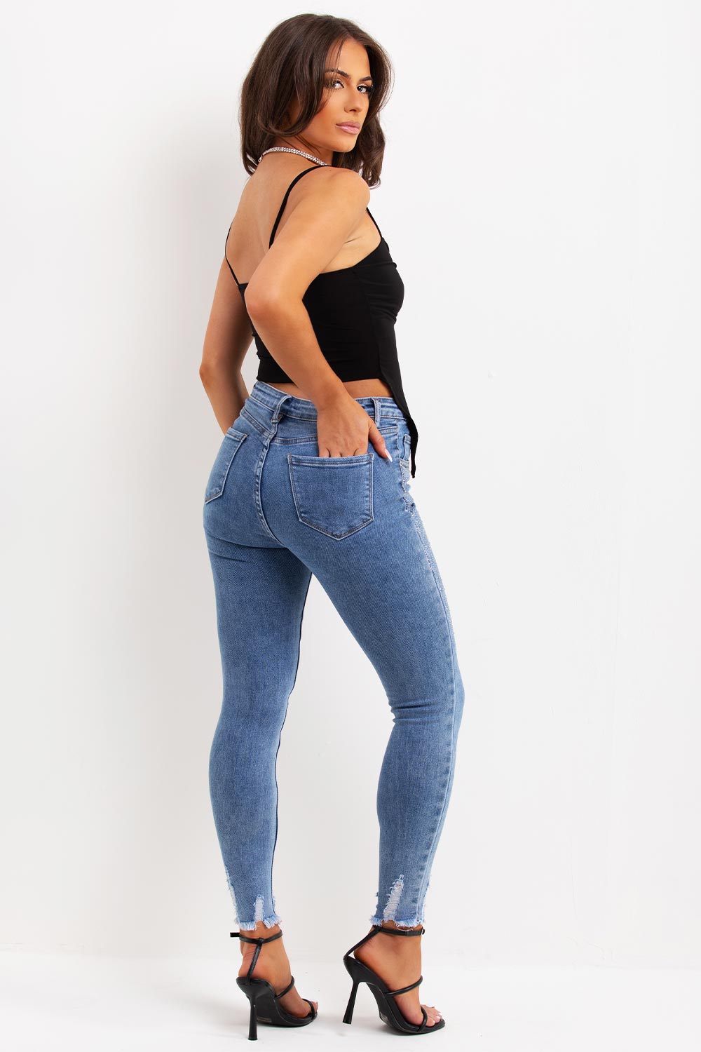 black split hem ruched front ring detail crop top black