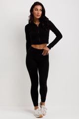womens black zip front crop hoodie and high waist leggings tracksuit co ord set
