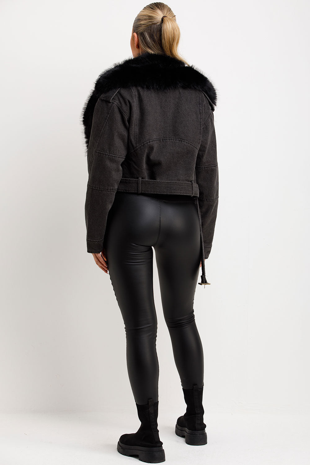 styledup faux fur denim aviator jacket black