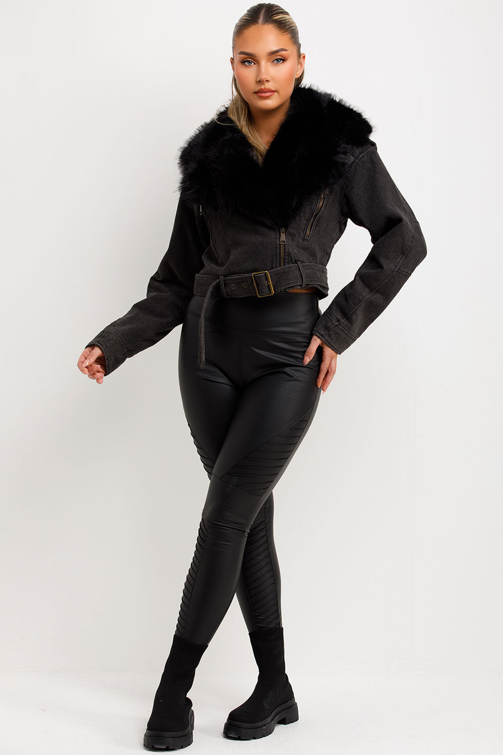 womens denim aviator jacket with faux fur collar styledup